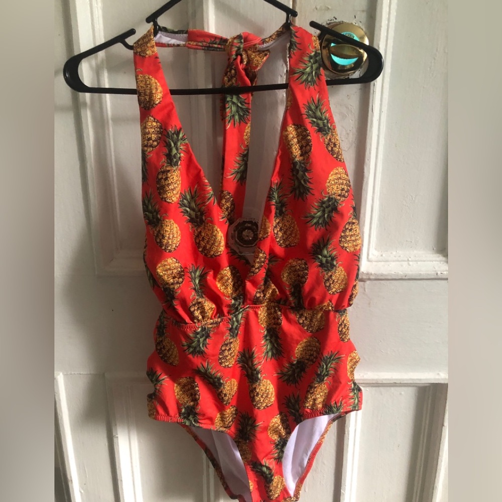 ASOS Pineapple Plunge Halter swimsuit Size 14 NWOT